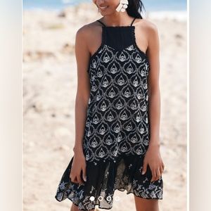 Anthropologie Sheer Embroidered Mini Dress Black White XS Sleeveless Square Neck